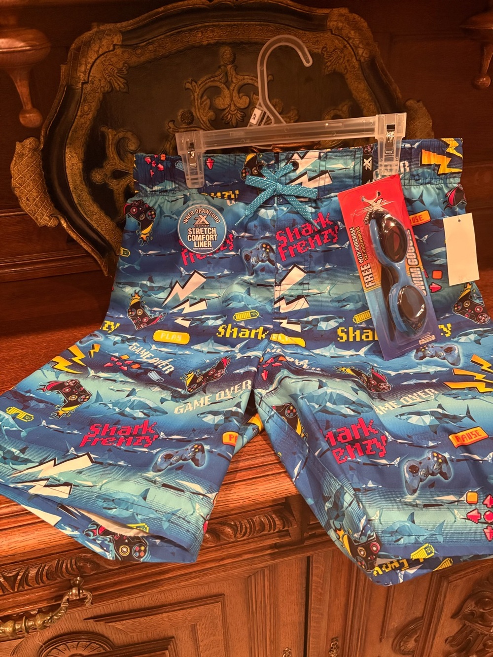 Blue Shark Gaming Print Kids Swim Trunks with Matching Goggles